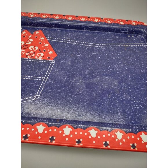 Vintage Denim Blue Jeans Red Bandana Rectangular Folding Metal Tin TV Tray, READ - Picture 4 of 16